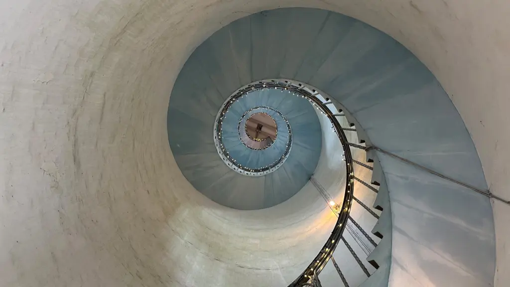 Blick von unten in ein spiralförmiges Treppenhaus