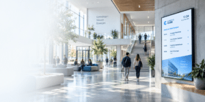 Campus-Core-Bildwelt: helles Campus-Foyer mit digitalem Informationsdisplay