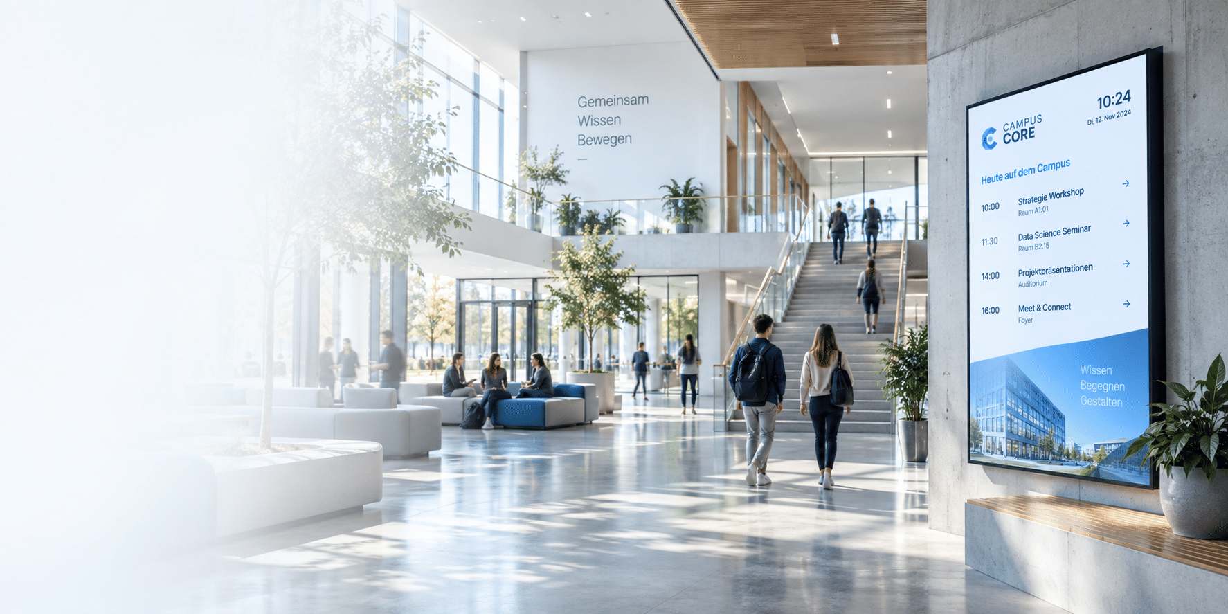 Campus-Core-Bildwelt: helles Campus-Foyer mit digitalem Informationsdisplay