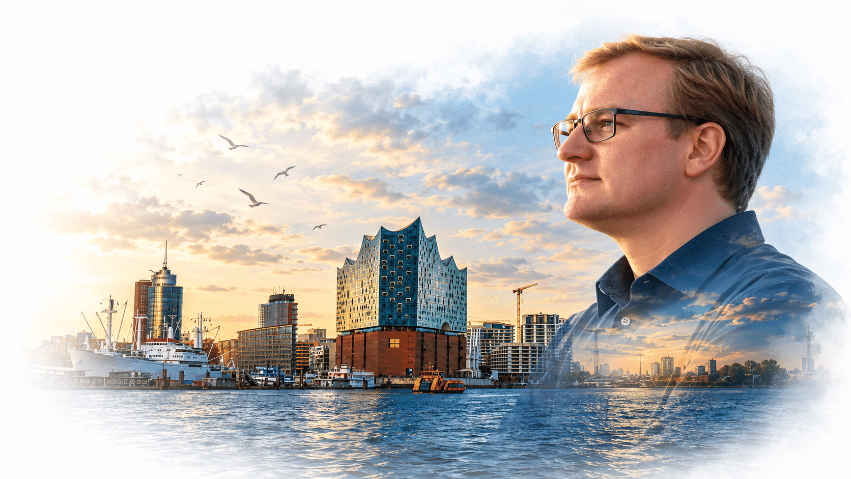 Olli Unger in einer Bildcollage mit dem Hamburger Hafen